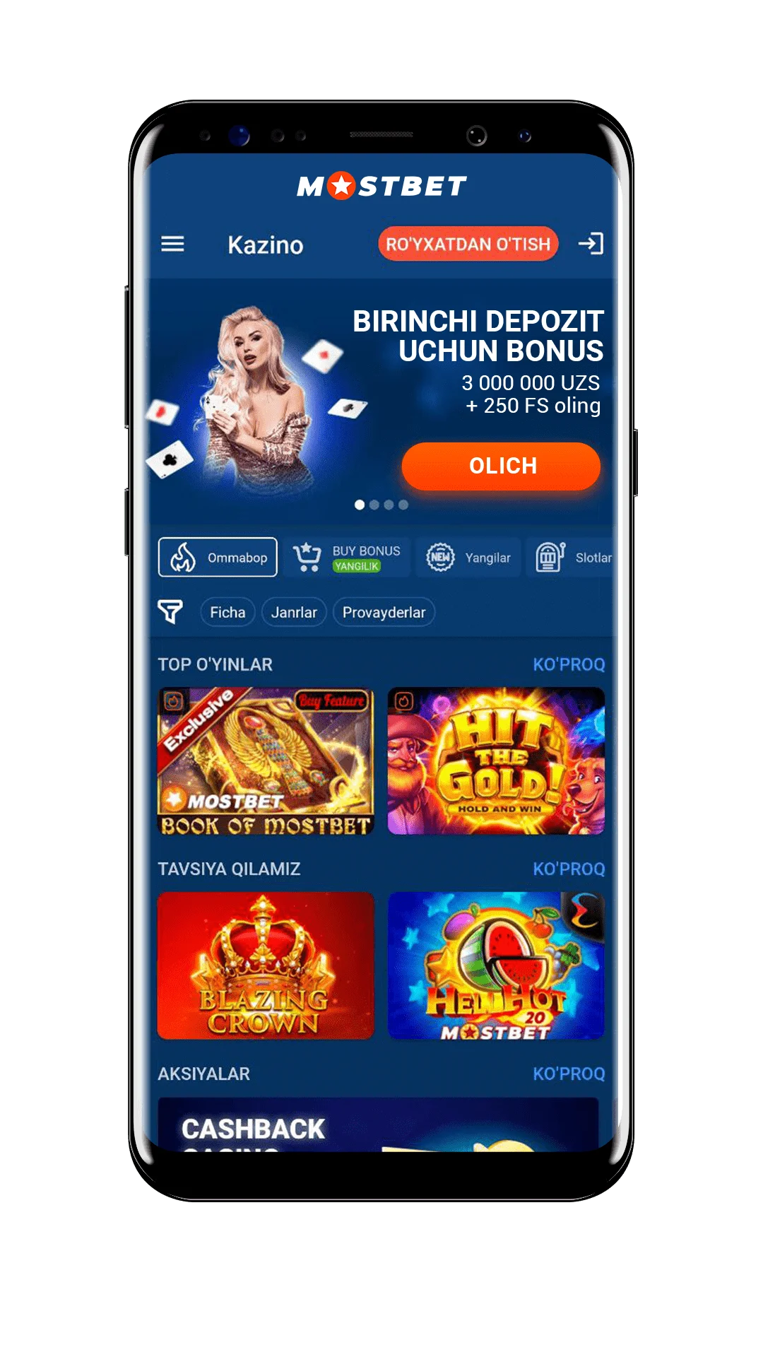 Mostbet Android ilovasida kazino bo‘limi